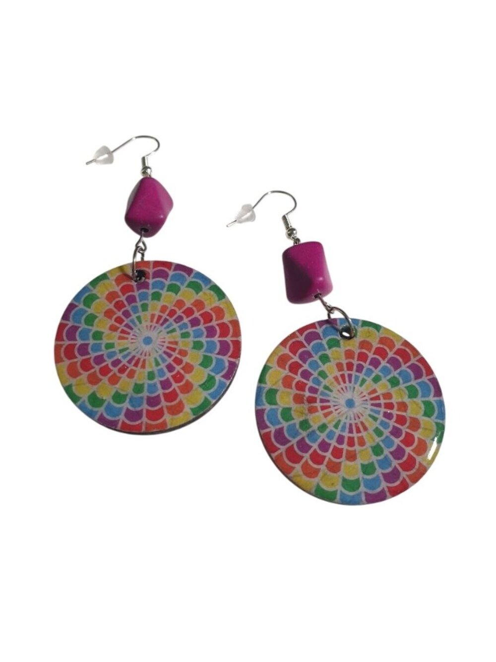 Rainbow Mandala Dangle Earrings Boho Colorful Round Polka Dot Back Purple Lightw - Picture 3 of 6